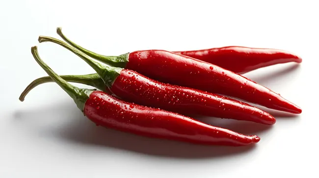 Feuerrot glänzende Chilischoten mit Wassertropfen