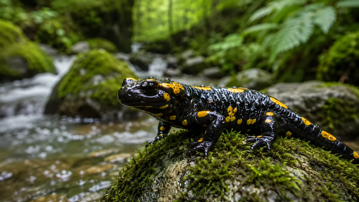 Feuersalamander auf bemostem Stein am Bach