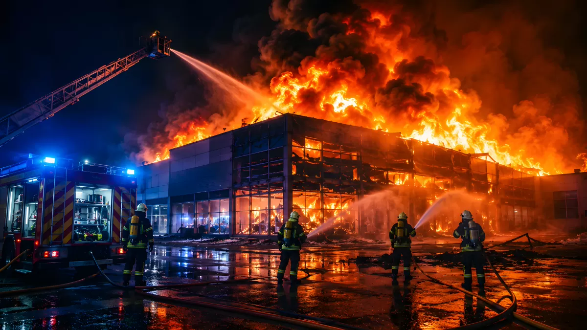 Feuerwehr bekämpft Großbrand in Industriegebäude bei Nacht