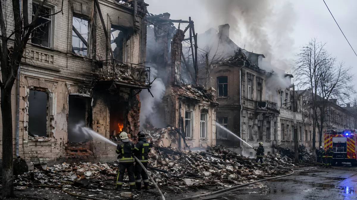 Feuerwehr löscht brennende Ruinen nach Bombardierung