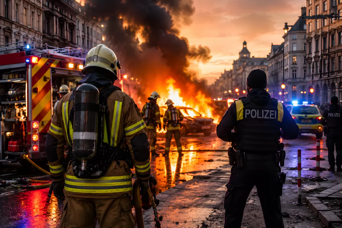 Feuerwehr und Polizei bei brennenden Autos in der Stadt