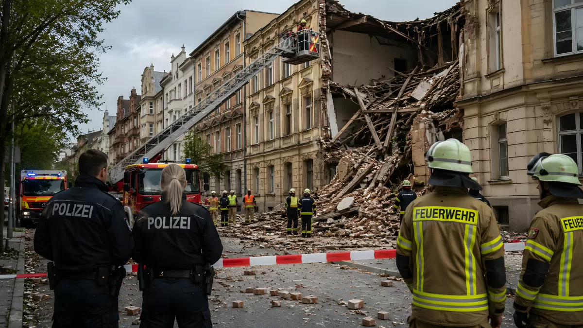 Feuerwehr und Polizei bei eingestürztem Gebäude