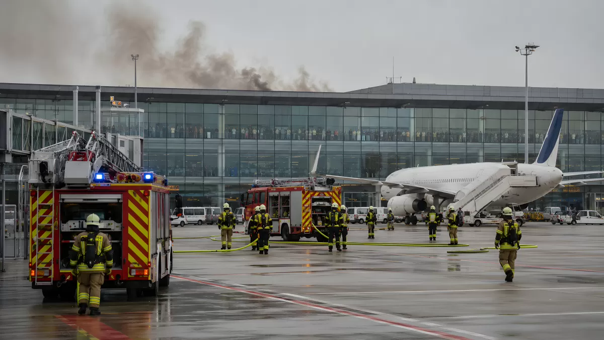 Feuerwehreinsatz am Flughafen mit Löschfahrzeugen