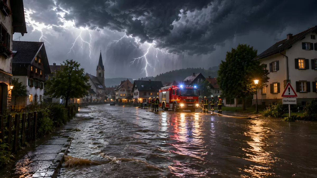 Feuerwehreinsatz bei Hochwasser im deutschen Dorf