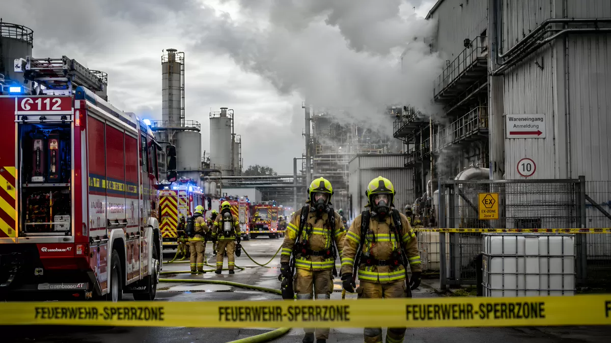 Feuerwehreinsatz in einem Chemiewerk mit Rauchentwicklung
