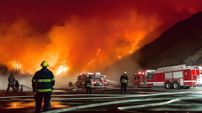 Feuerwehrleute bekämpfen Waldfeuer bei Nacht