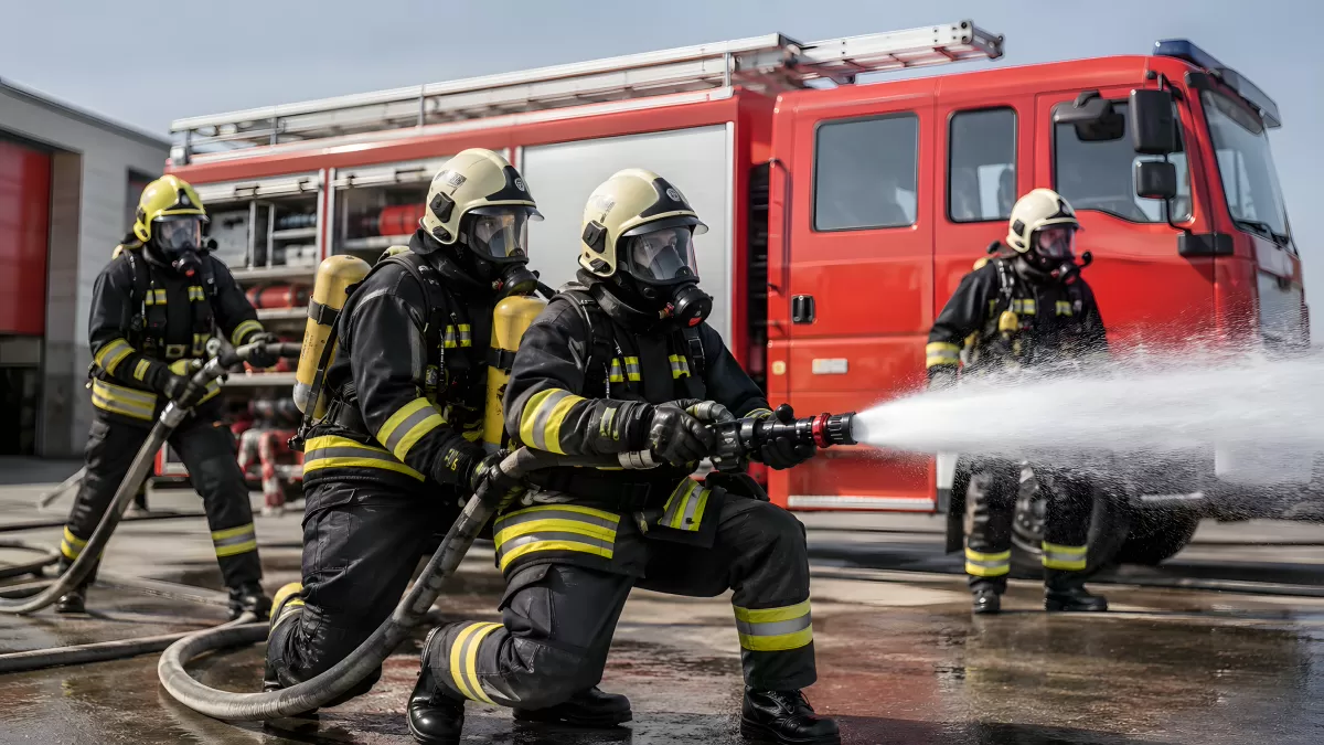 Feuerwehrleute im Einsatz mit Wasserschlauch vor Löschfahrzeug