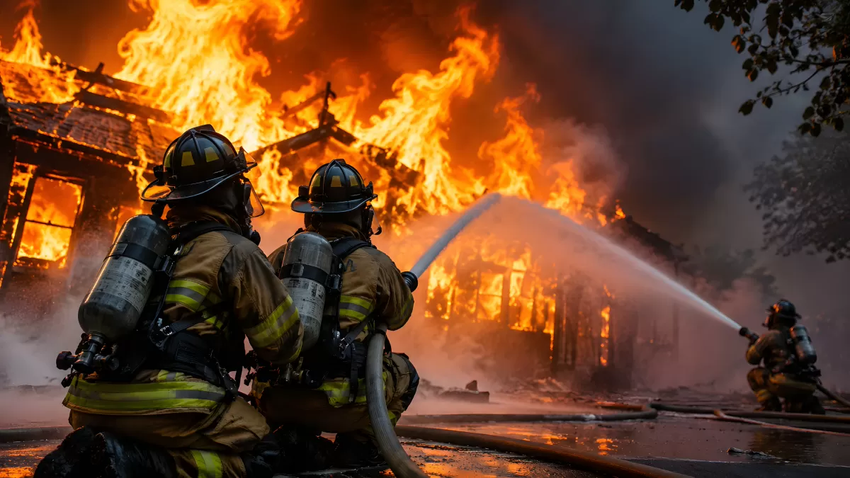 Feuerwehrmänner bekämpfen Hausbrand mit Wasserschlauch