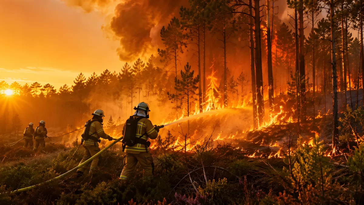 Feuerwehrmänner bekämpfen Waldbrand bei Sonnenuntergang