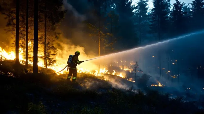 Feuerwehrmann bekämpft dramatischen Waldbrand bei Nacht
