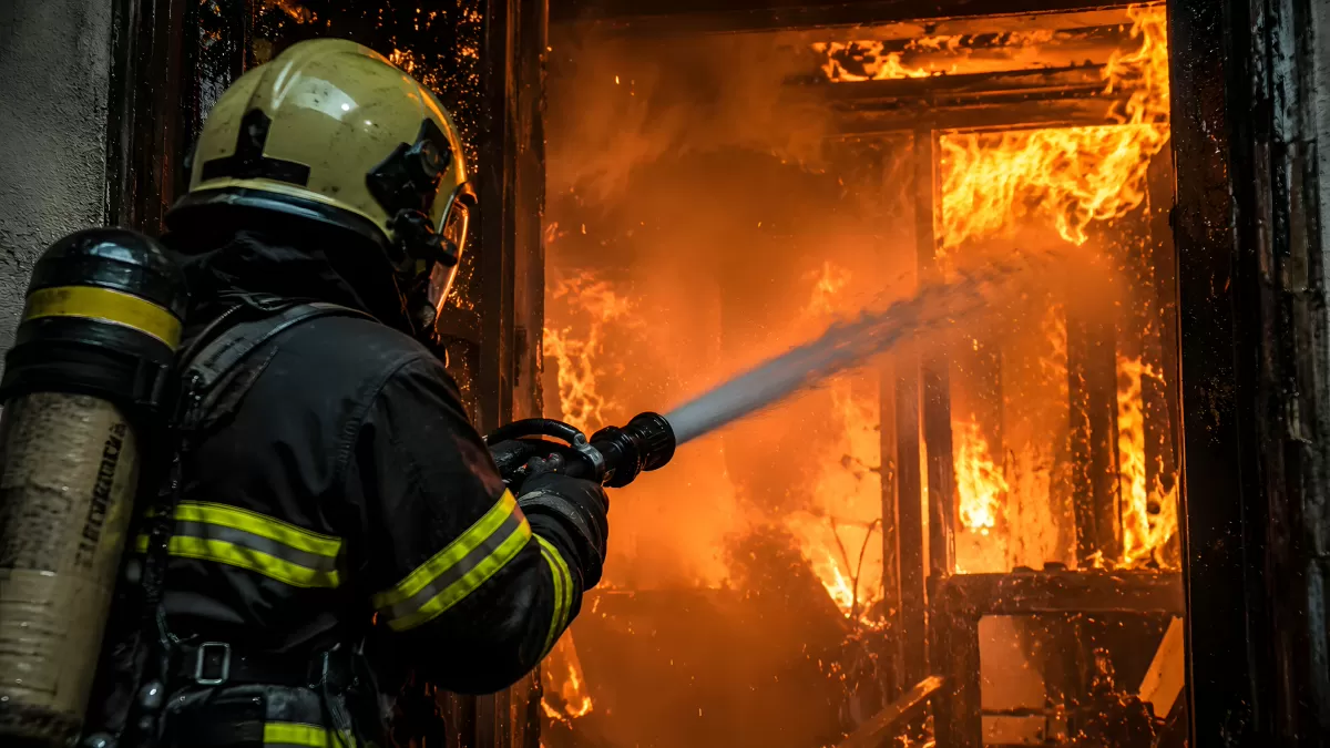 Feuerwehrmann bekämpft Gebäudebrand mit Schlauch