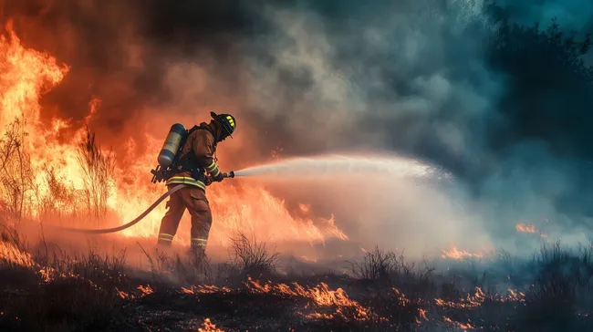 Feuerwehrmann bekämpft Waldbrand mit Wasserschlauch