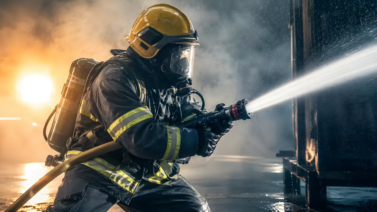 Feuerwehrmann im Einsatz löscht Brand mit Wasserschlauch