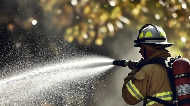 Feuerwehrmann im Einsatz - Wasser spritzen aus Schlauch