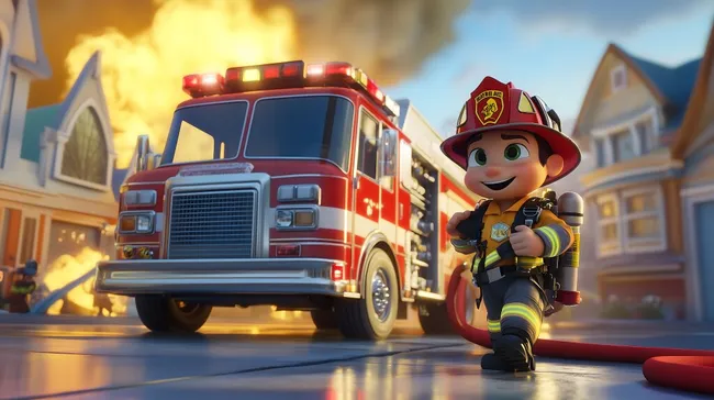 Feuerwehrmann in Einsatz vor brennendem Gebäude