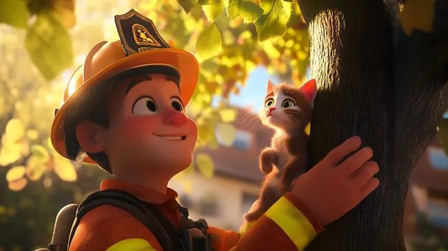 Feuerwehrmann rettet Katzenjunges aus Baum in sonniger Szenerie