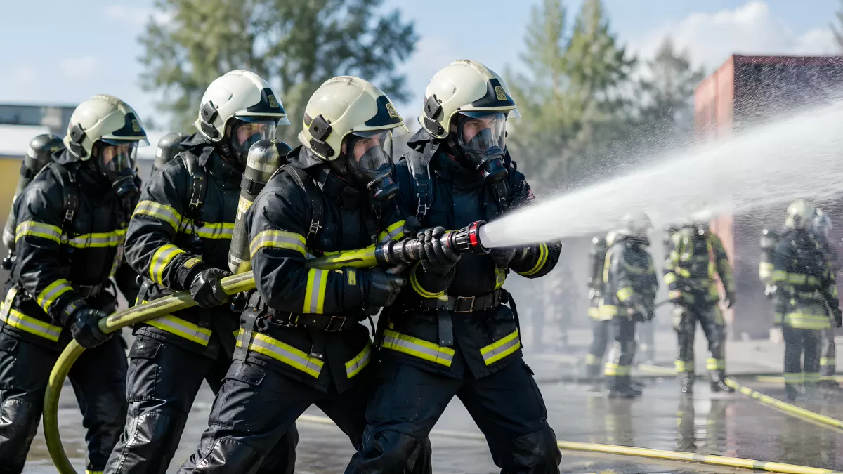 Feuerwehrteam im Einsatz mit Wasserschlauch