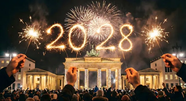 Feuerwerk am Brandenburger Tor in Berlin zum Jahreswechsel 2028
