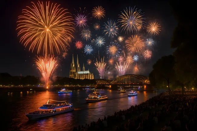 Feuerwerk am Kölner Dom mit Schiffen auf dem Rhein