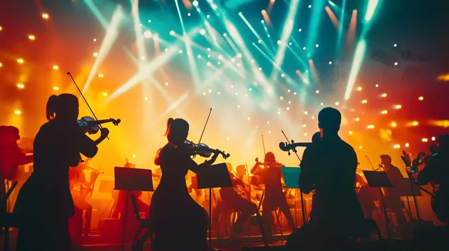 Feuerwerk-Finale für Orchesteraufführung auf Bühne