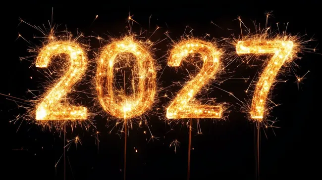 Feuerwerk-Schriftzug '2027' auf schwarzem Hintergrund