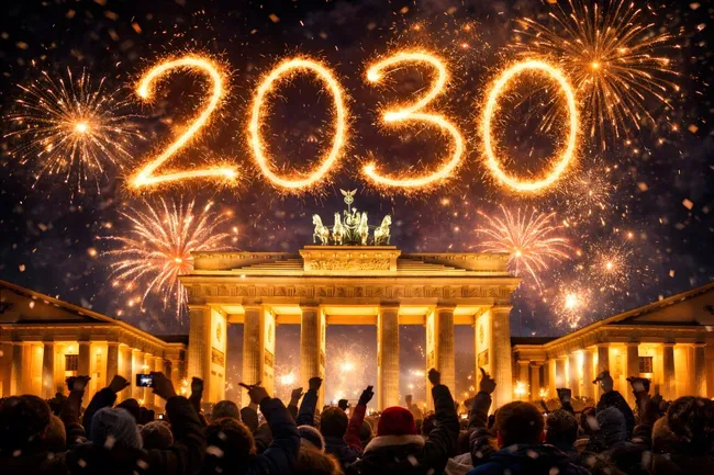 Feuerwerk über dem Brandenburger Tor in Berlin zum Jahreswechsel 2030
