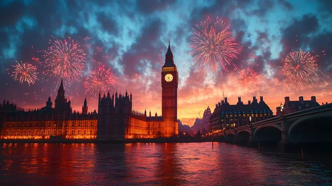 Feuerwerk über der historischen Skyline von London