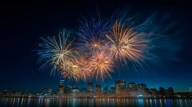 Feuerwerk über der nächtlichen Skyline von Houston