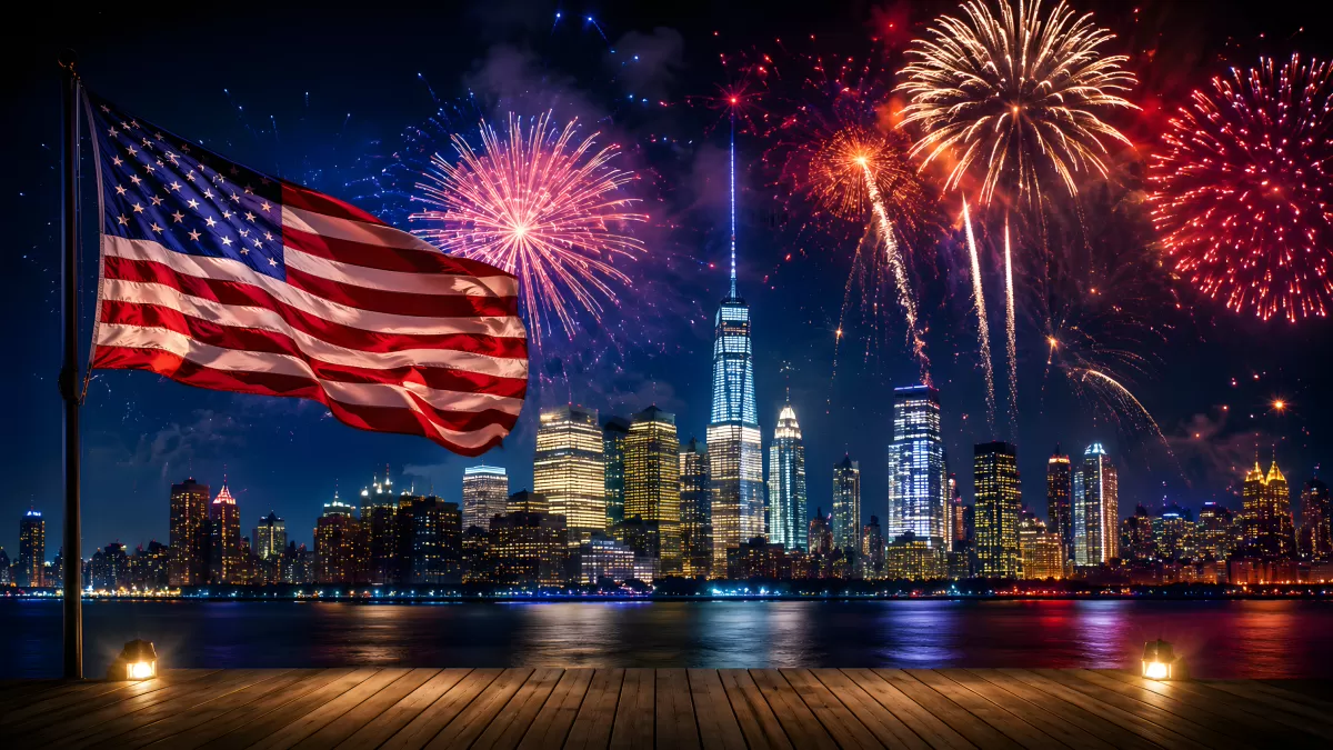 Feuerwerk über New Yorker Skyline mit US-Flagge