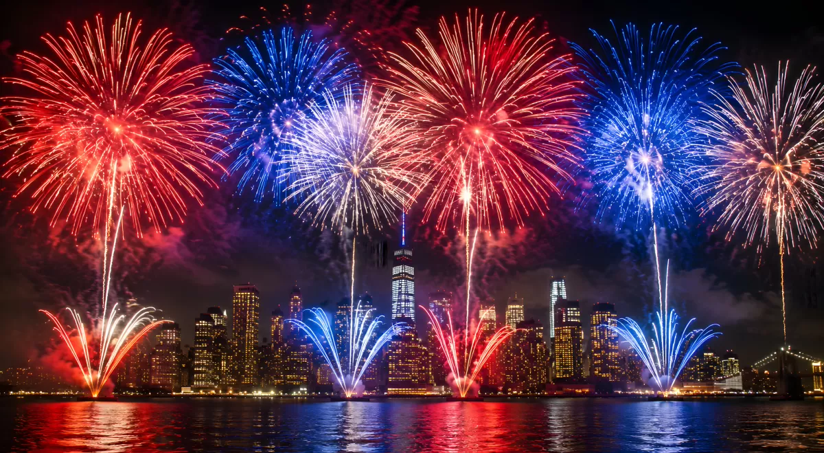 Feuerwerk über Stadtsilhouette am Wasser bei Nacht