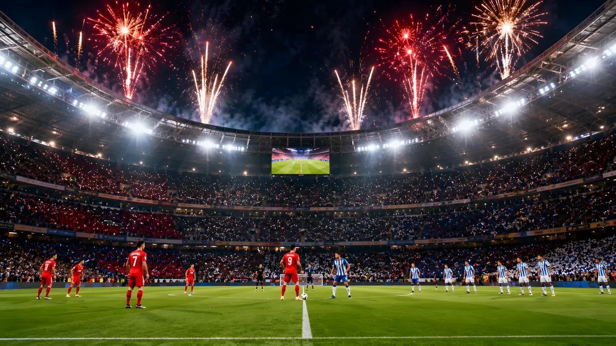 Feuerwerk über vollem Fußballstadion bei Nacht