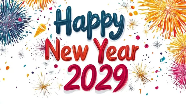 Feuerwerk und Beschriftung zum Neuen Jahr 2029