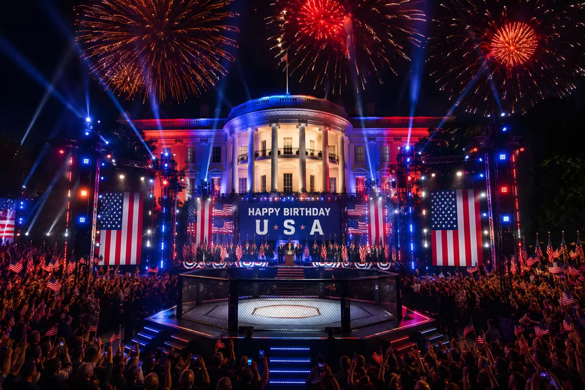 Feuerwerk und MMA-Käfig vor dem Weißen Haus an Donald Trumps 80. Geburtstag