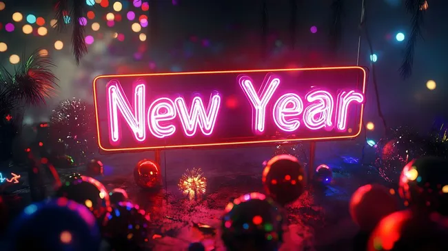 Feuerwerk und Neon-Schriftzug 'Neues Jahr' - Stockfoto für Silvester