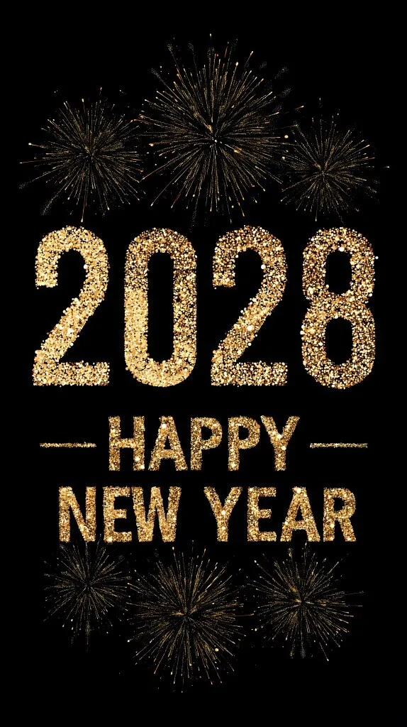 Feuerwerk und Neujahrsgrüße mit Goldbuchstaben