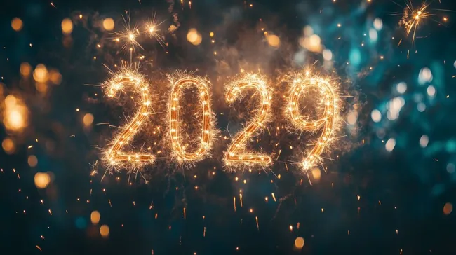 Feuerwerk zum Jahreswechsel 2029 mit goldenen Zahlen