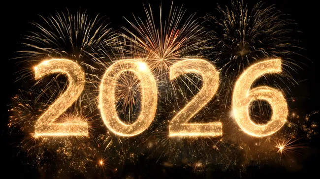 Feuerwerk zum Jahreswechsel mit goldener Zahl 2026