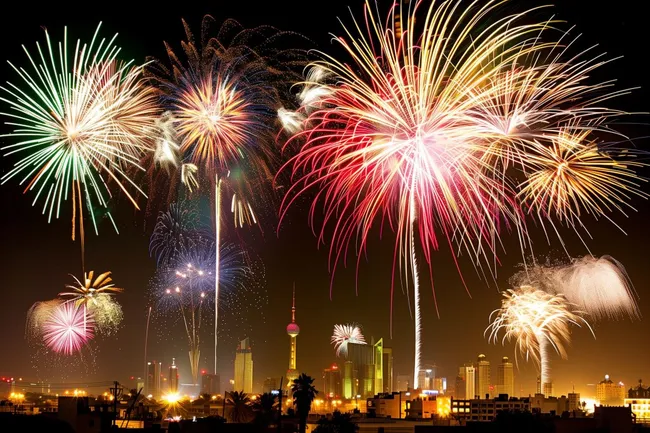 Feuerwerksexplosionen über der Skyline einer Stadt