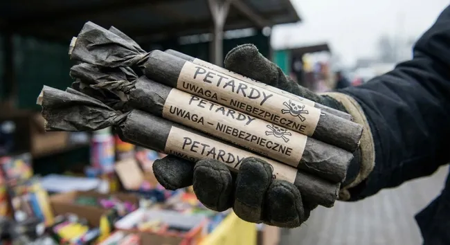Feuerwerkskörper mit Warnung in polnischer Sprache