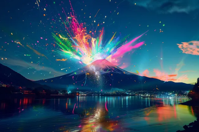 Feuerwerkspektakel am Fuji-Vulkan in Japan
