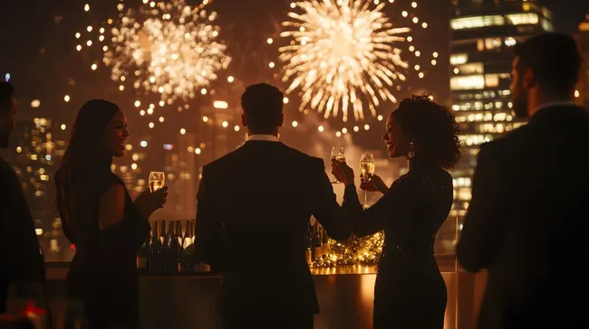 Feuerwerkszauber über modernem Stadtbild an Silvesterabend