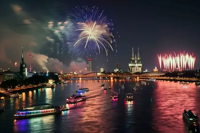 Feuerzauber über der Kölner Skyline bei Nacht