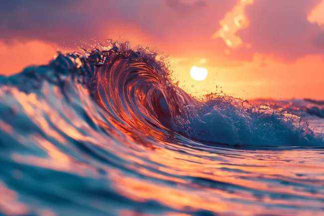 Feurig tosende Welle bei Sonnenuntergang