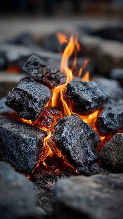 Feurige Holzkohle mit lodernden Flammen