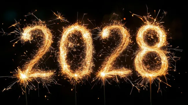 Feurige Neujahrs-Zahlen 2028 mit Funken