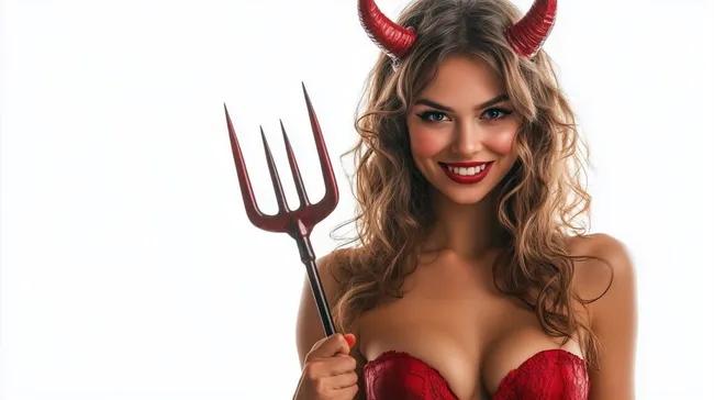 Feurige Teufelin mit Hörnern und Dreizack