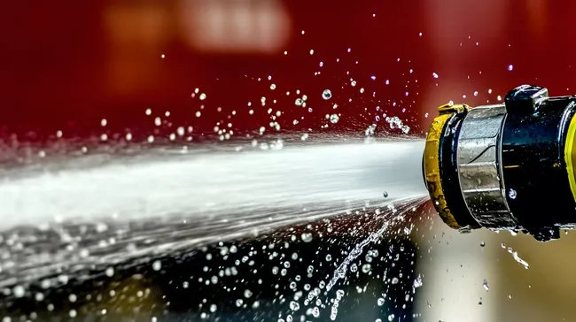 Feuriger Feuerwehrschlauch sprüht Wasser in hohem Bogen