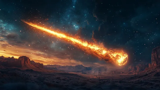 Feuriger Meteor am Nachthimmel über Wüstenlandschaft
