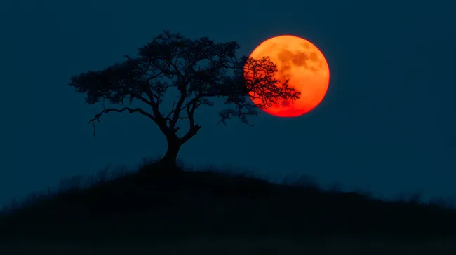 Feuriger Mond über Baum in mystischer Nacht