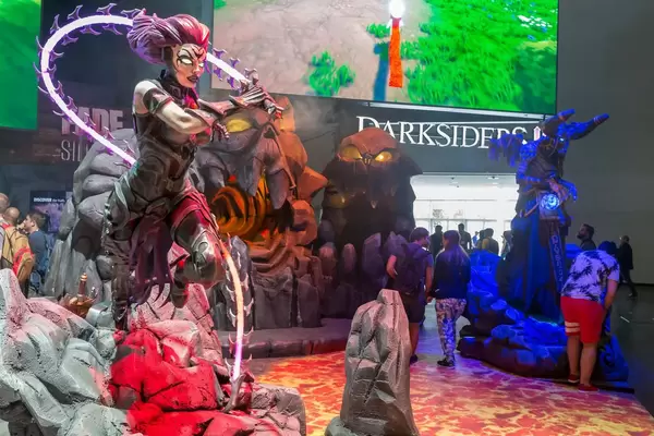 Figures of different game characters at Darksiders III booth